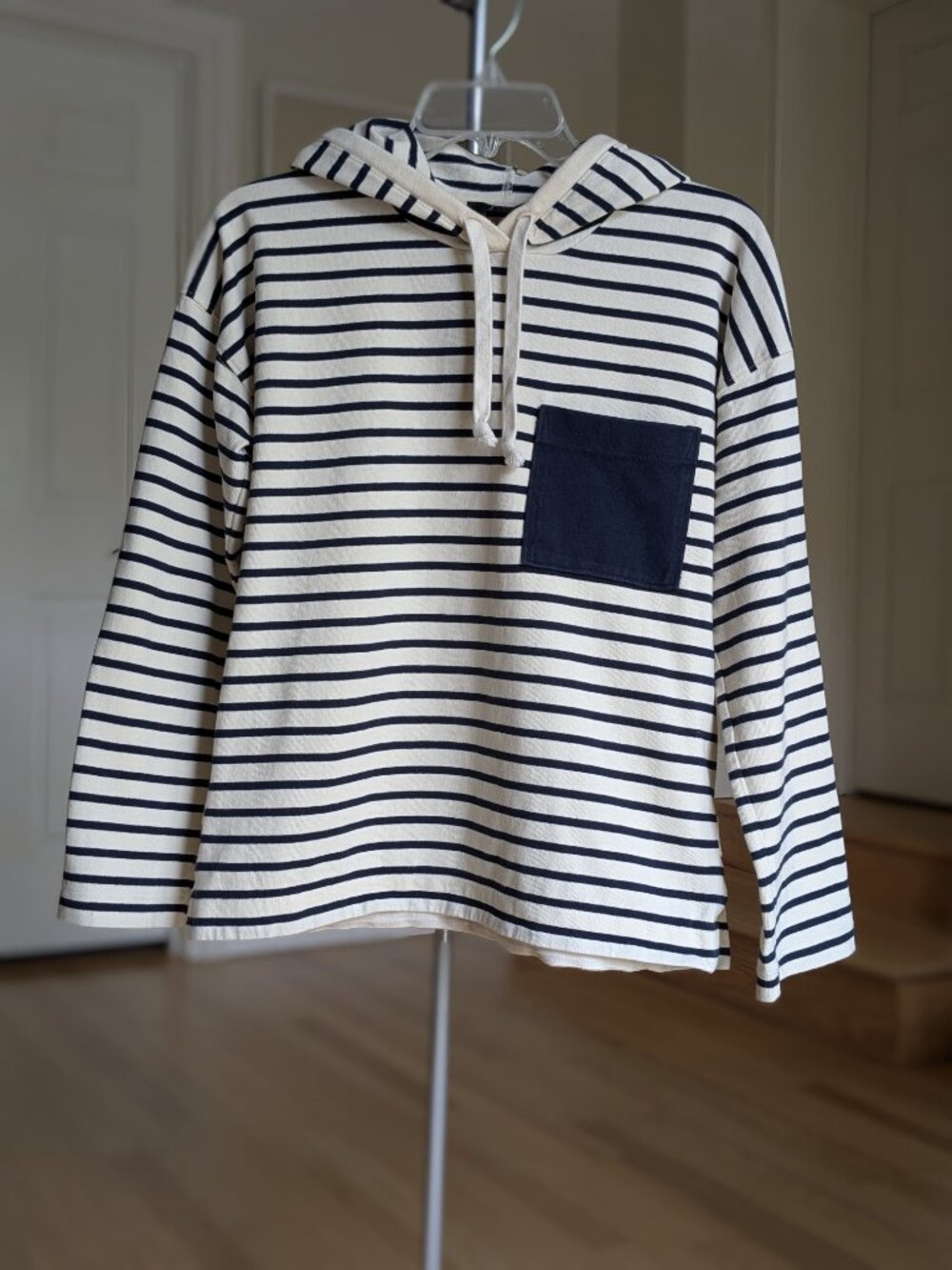 J Crew Patch Pocket Hoodie Striped Mariner Cloth in Natural Navy Maly Stripe Med